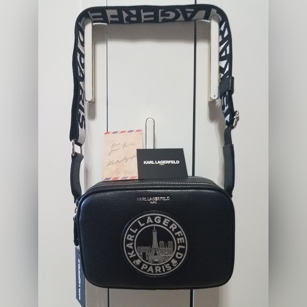 Karl Lagerfeld- NWT! Black Crossbody Camera Bag with White Logo Strap - Picture 2 of 14